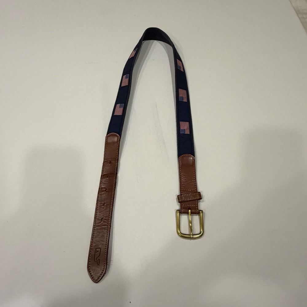 Vineyard Vines Mens American Flag Canvas Club Belt Navy Leather Size 34 USA Made